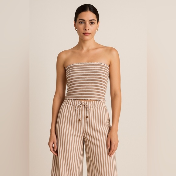 Christian Lacroix Tan & White Striped Tube Top and Wide Leg Pants Set Size S - Picture 1 of 6